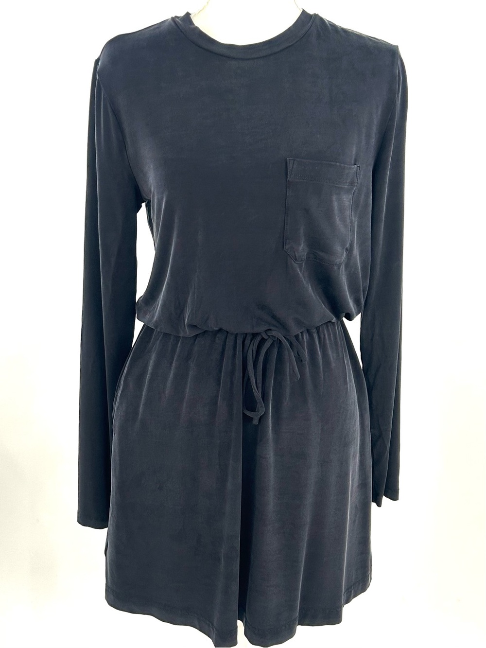 Lou & Grey Black Cupro Knit Long Sleeve Pocket Dress Drawstring Waist XS